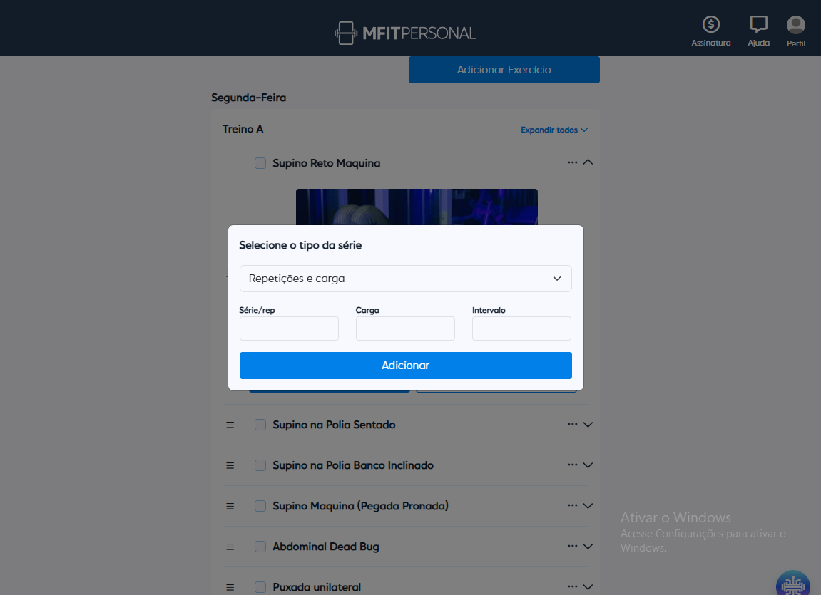 Janela de seleção de tipo de série do MFIT Personal