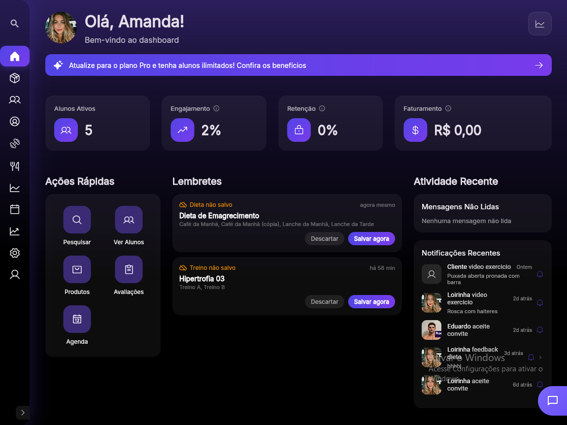 Dashboard do Premium Coach com métricas de alunos ativos, engajamento, retenção e faturamento