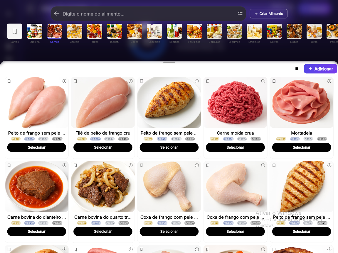 Banco de alimentos do Premium Coach com imagens reais dos alimentos organizados por categoria e macros por porção