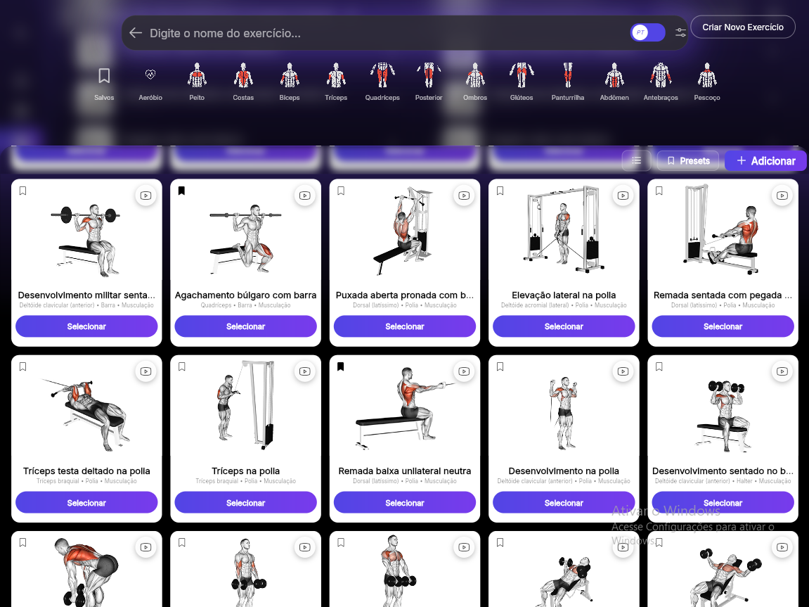 Biblioteca de exercícios do Premium Coach com grid amplo, filtros por grupo muscular e categorias