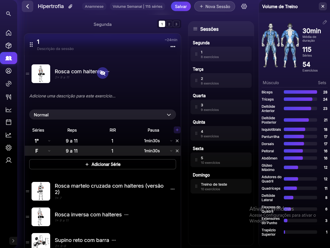 Editor de treino do Premium Coach em coluna única com tabela de séries expandida e painel de sessões