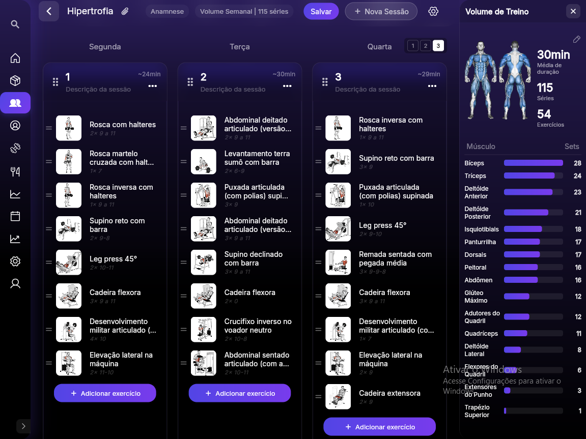Editor de treino do Premium Coach com 3 colunas simultâneas e painel de volume muscular