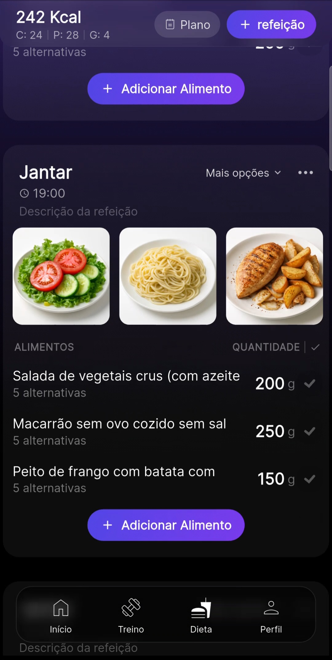 Tela de dieta no aplicativo do aluno com fotos dos alimentos