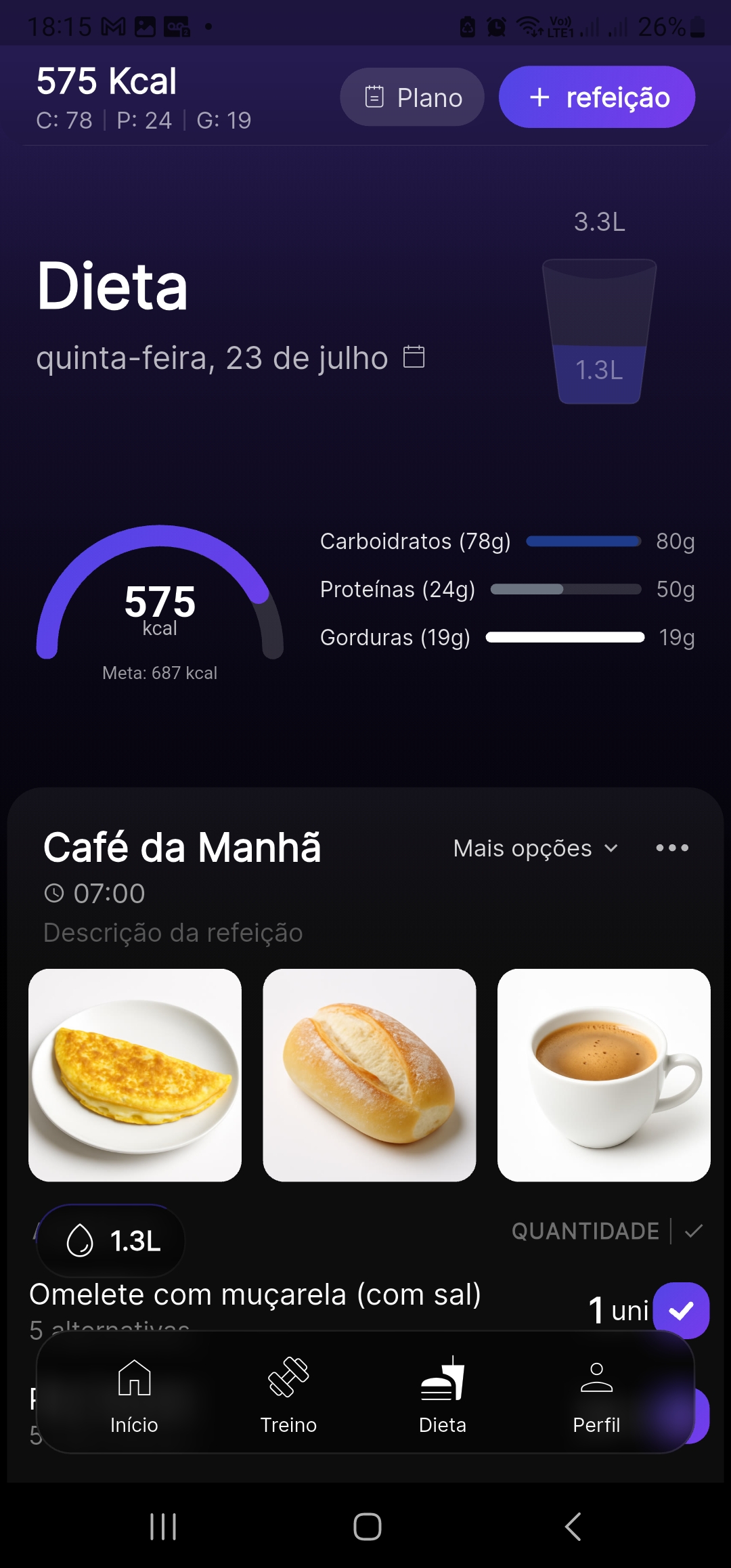 App do aluno Premium Coach — gráfico de macros e marcador de água