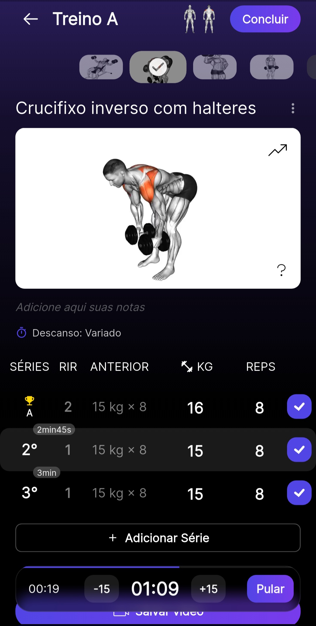 Tela de execução do treino no aplicativo do aluno do Premium Coach