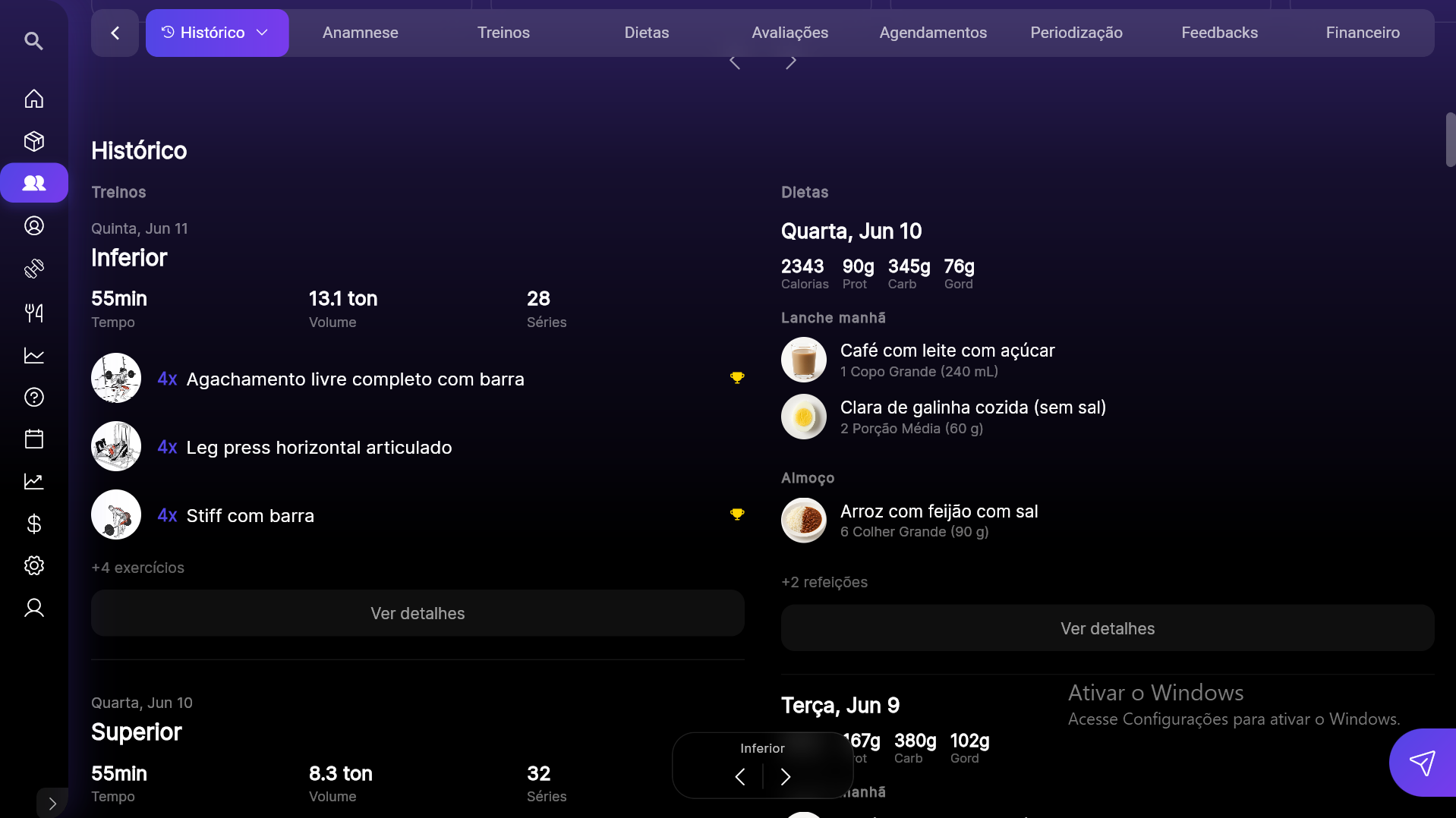 Premium Coach — histórico unificado de treino e dieta
