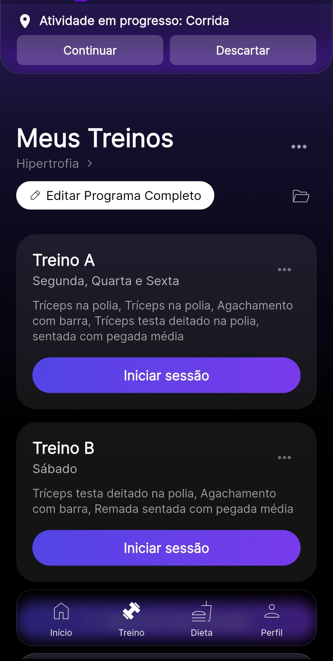 Lista de treinos da semana no aplicativo do aluno
