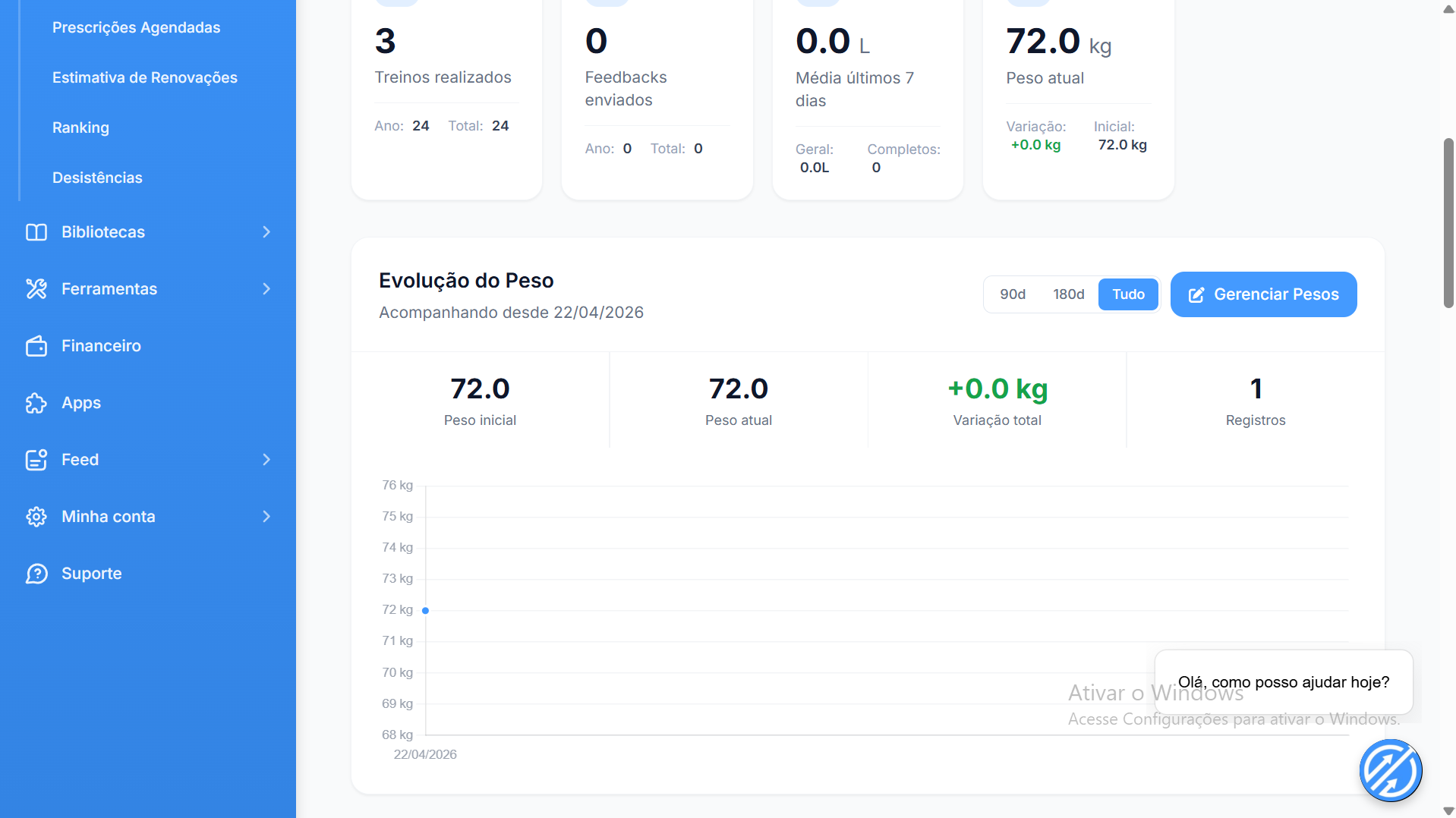 Prime Coaching — gráfico de evolução de peso do aluno