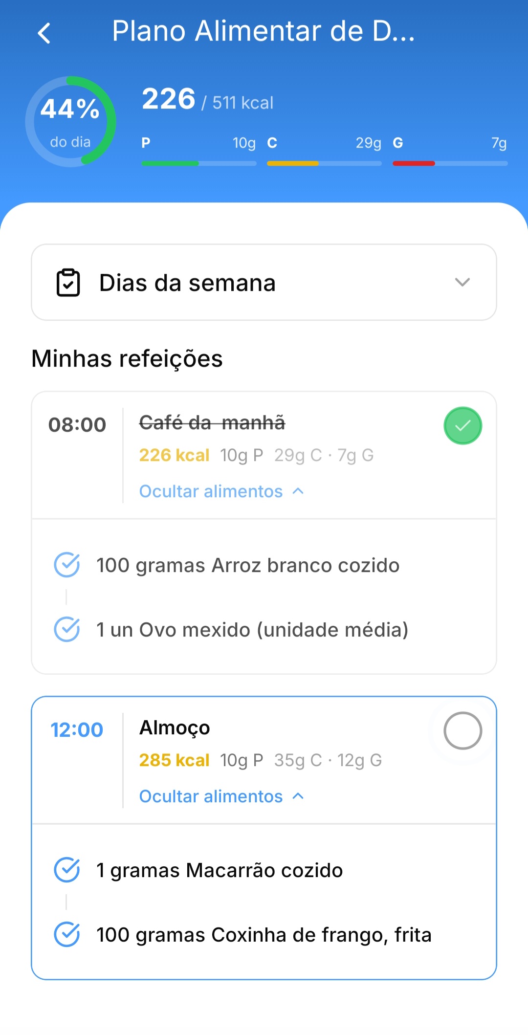 App do aluno Prime Coaching — dieta com check único por refeição, sem fotos