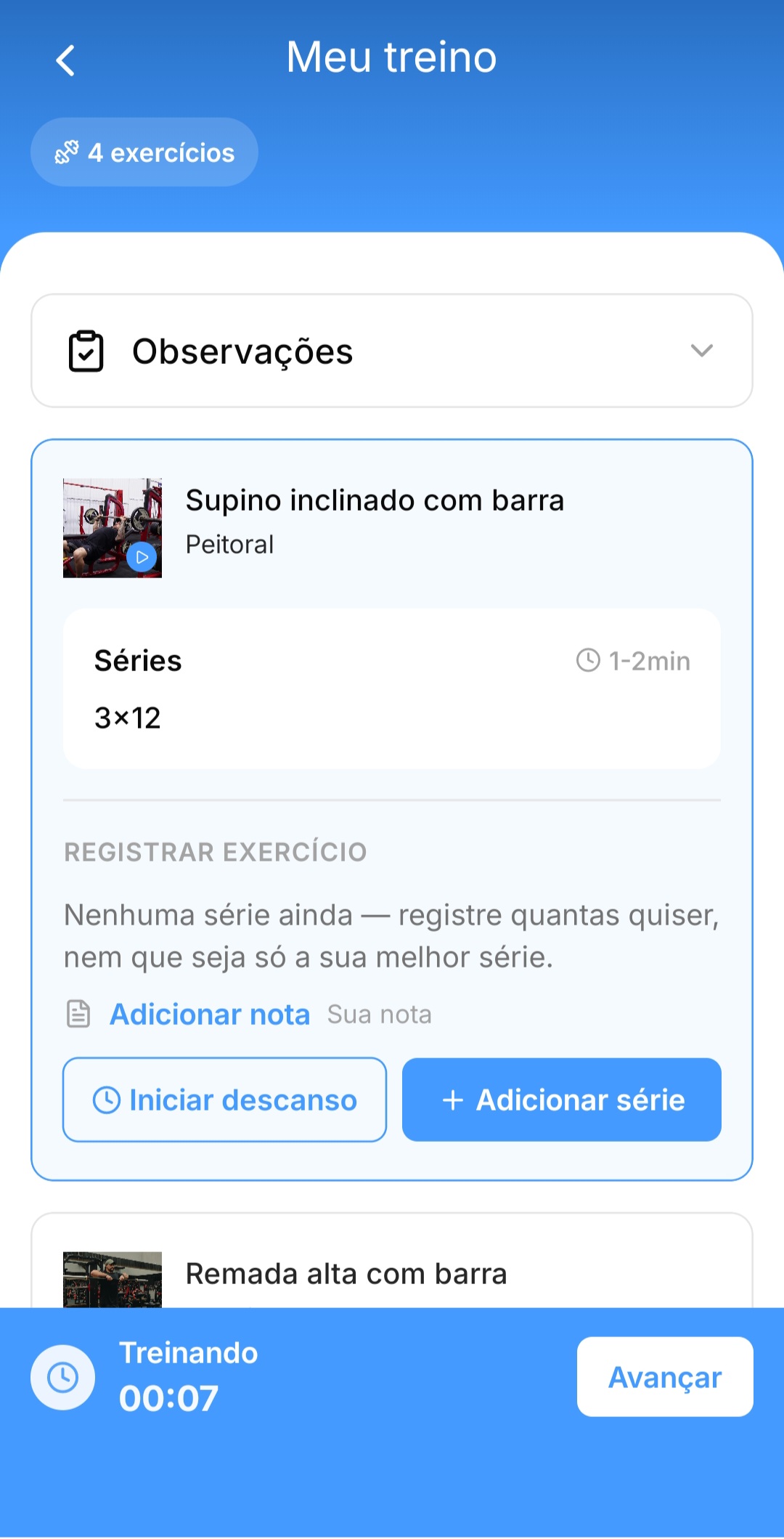 App do aluno Prime Coaching — execução de treino sem tabela de séries estruturada