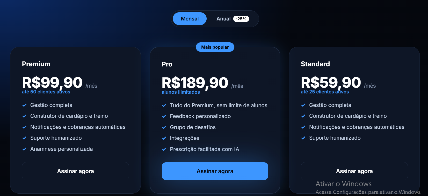 Prime Coaching — tabela de planos: Standard R$59,90, Premium R$99,90, Pro R$189,90 com alunos ilimitados