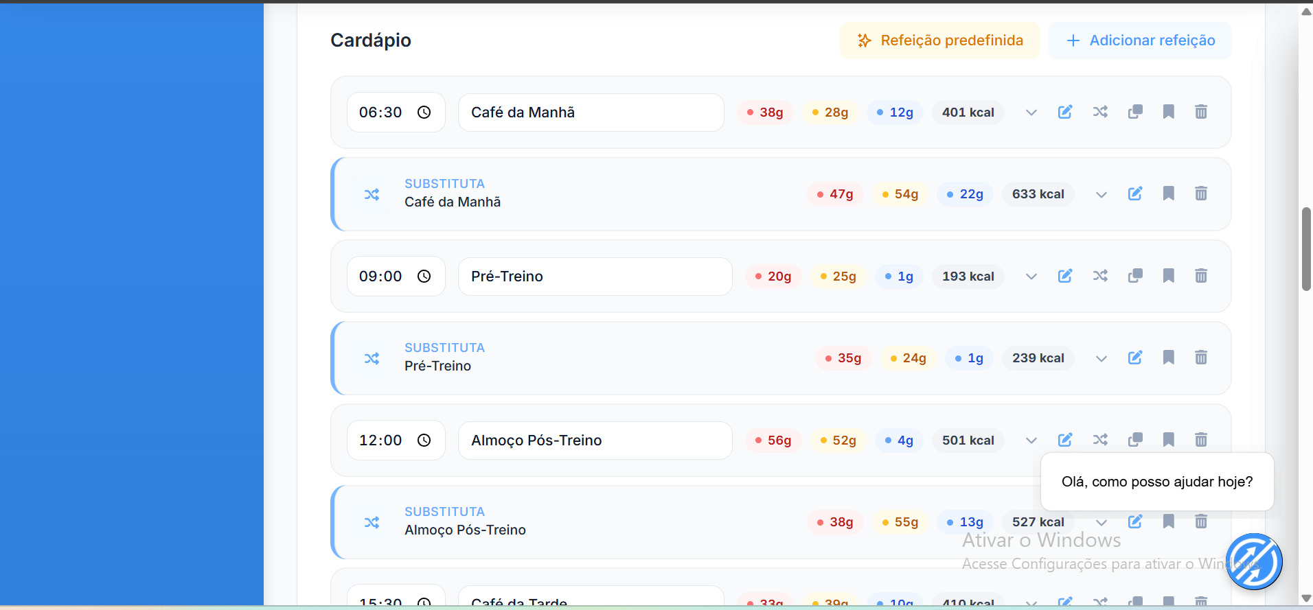 Cardápio da Prime Coaching com refeições fechadas em lista