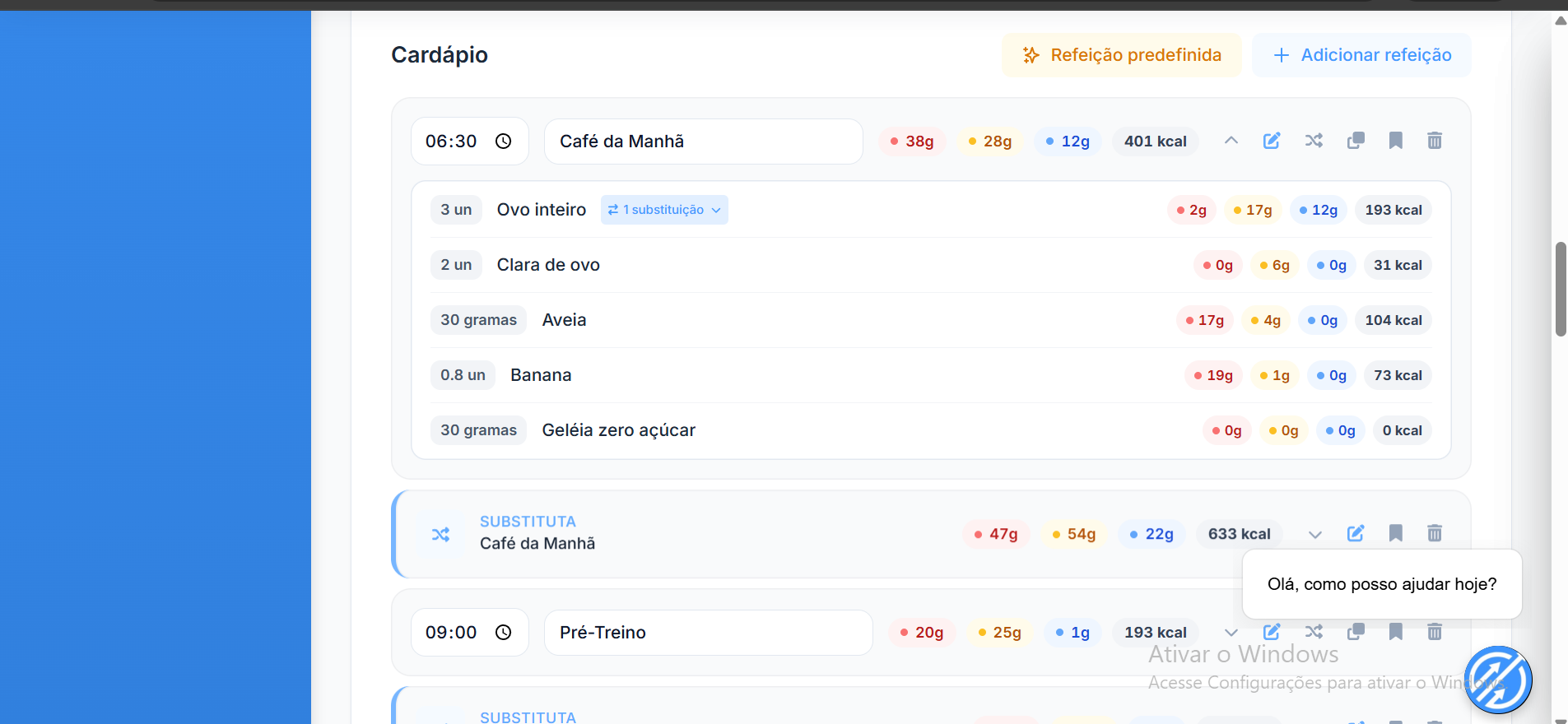 Refeição aberta na Prime Coaching, com alimentos em texto