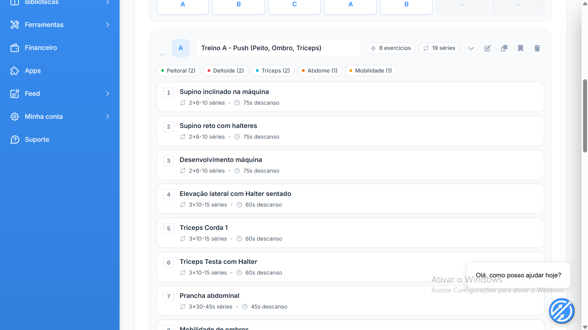 Lista de exercícios de uma sessão na Prime Coaching com séries em texto