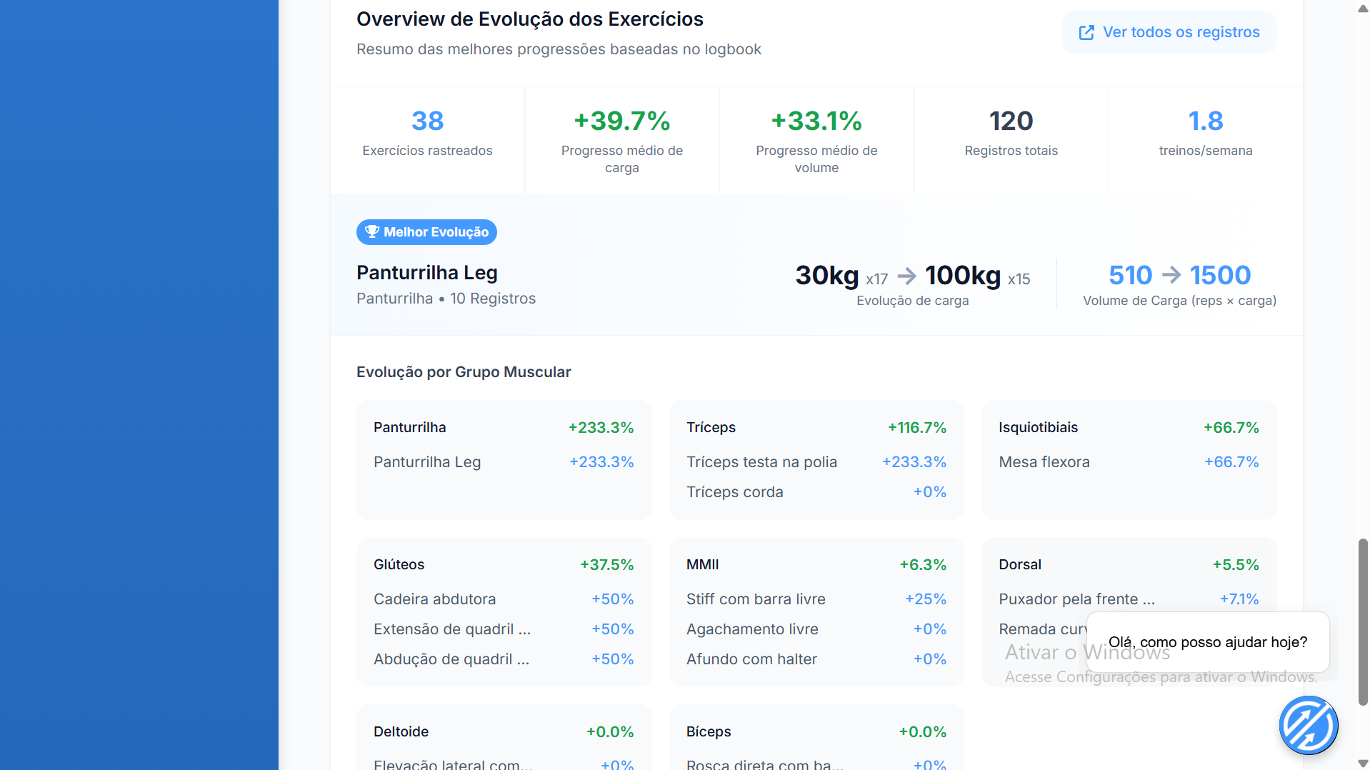 Tela de evolução de exercícios da Prime Coaching