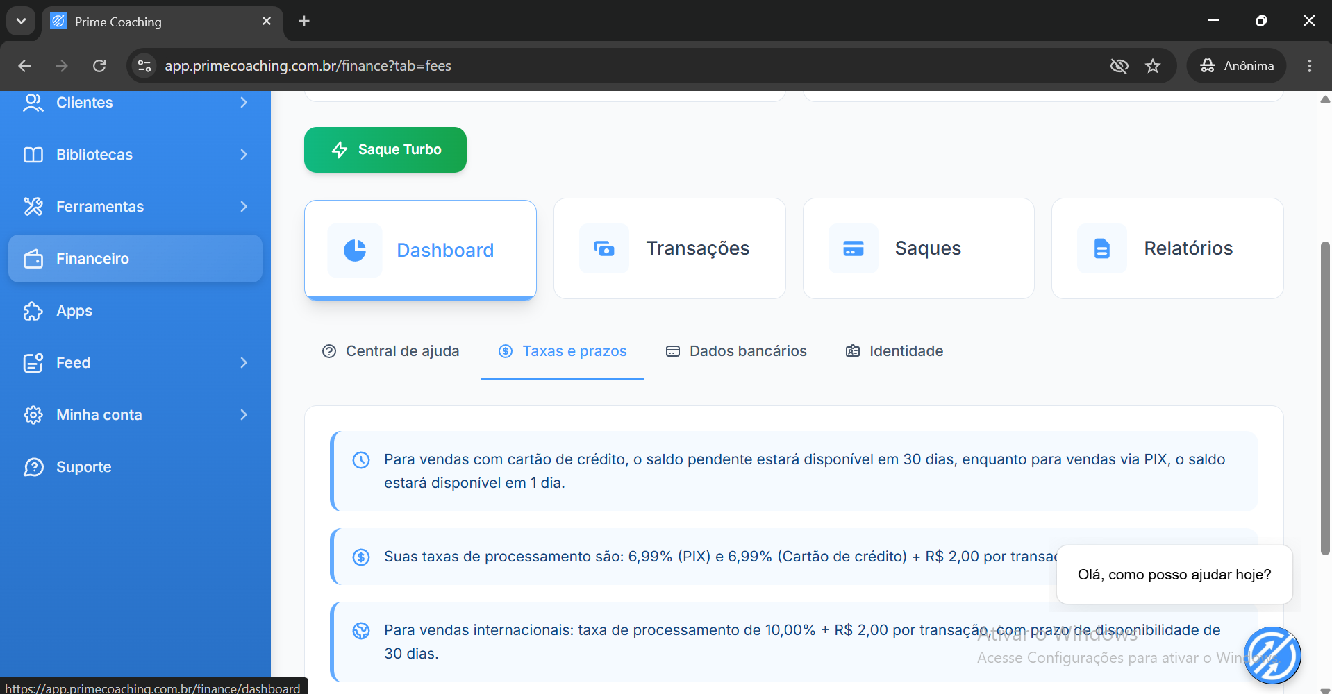 Prime Coaching — tela oficial de taxas e prazos exibindo 6,99% PIX/cartão