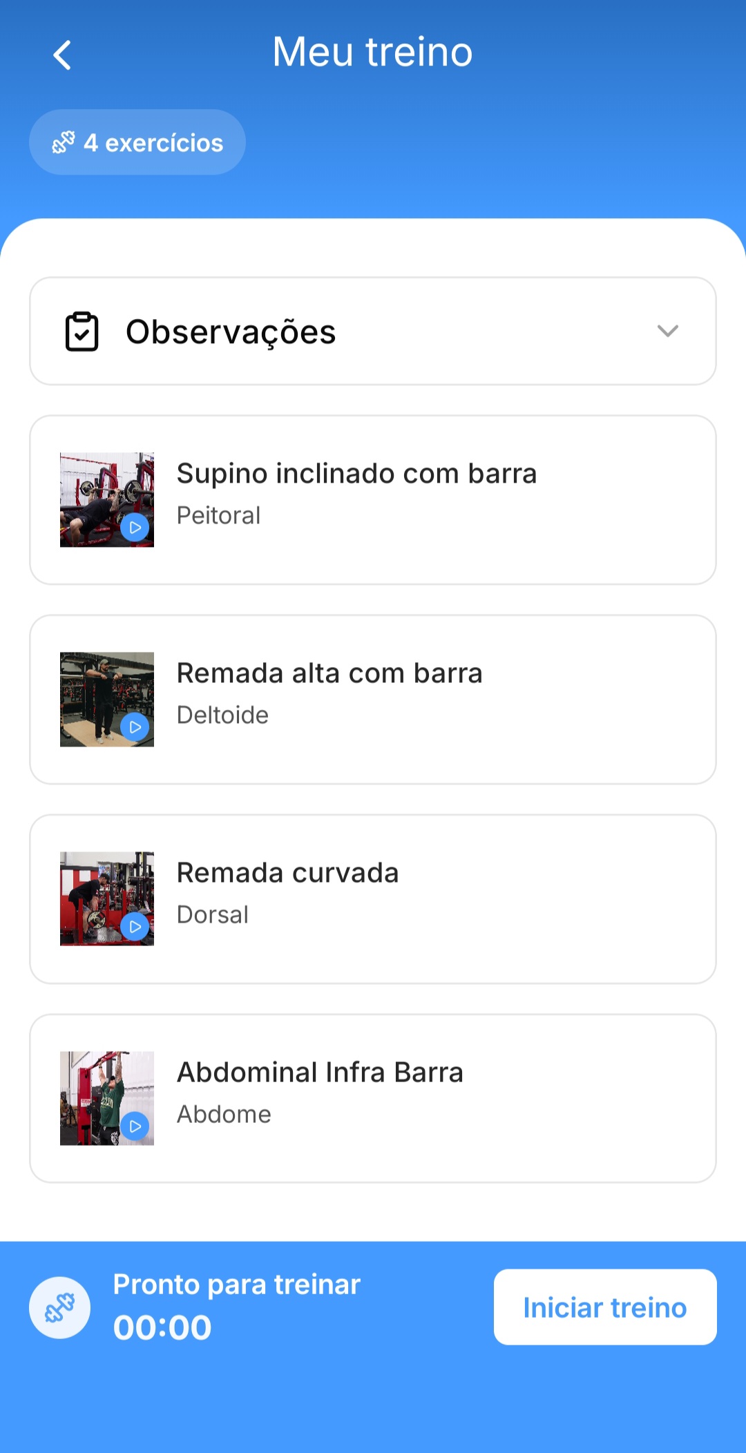 App do aluno Prime Coaching — lista de exercícios antes de iniciar o treino
