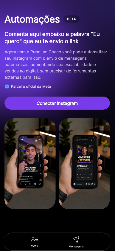 Tela de automações de Instagram do Premium Coach no celular, com exemplos de comentário e mensagem direta