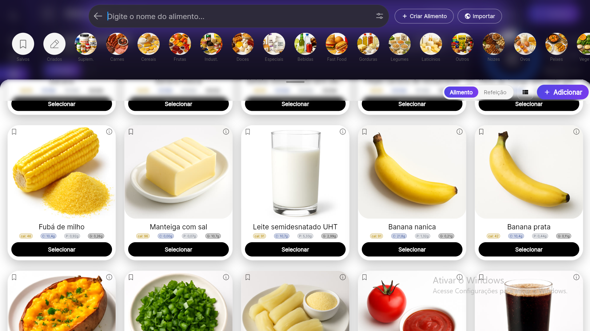 Premium Coach — seleção de alimentos com fotos