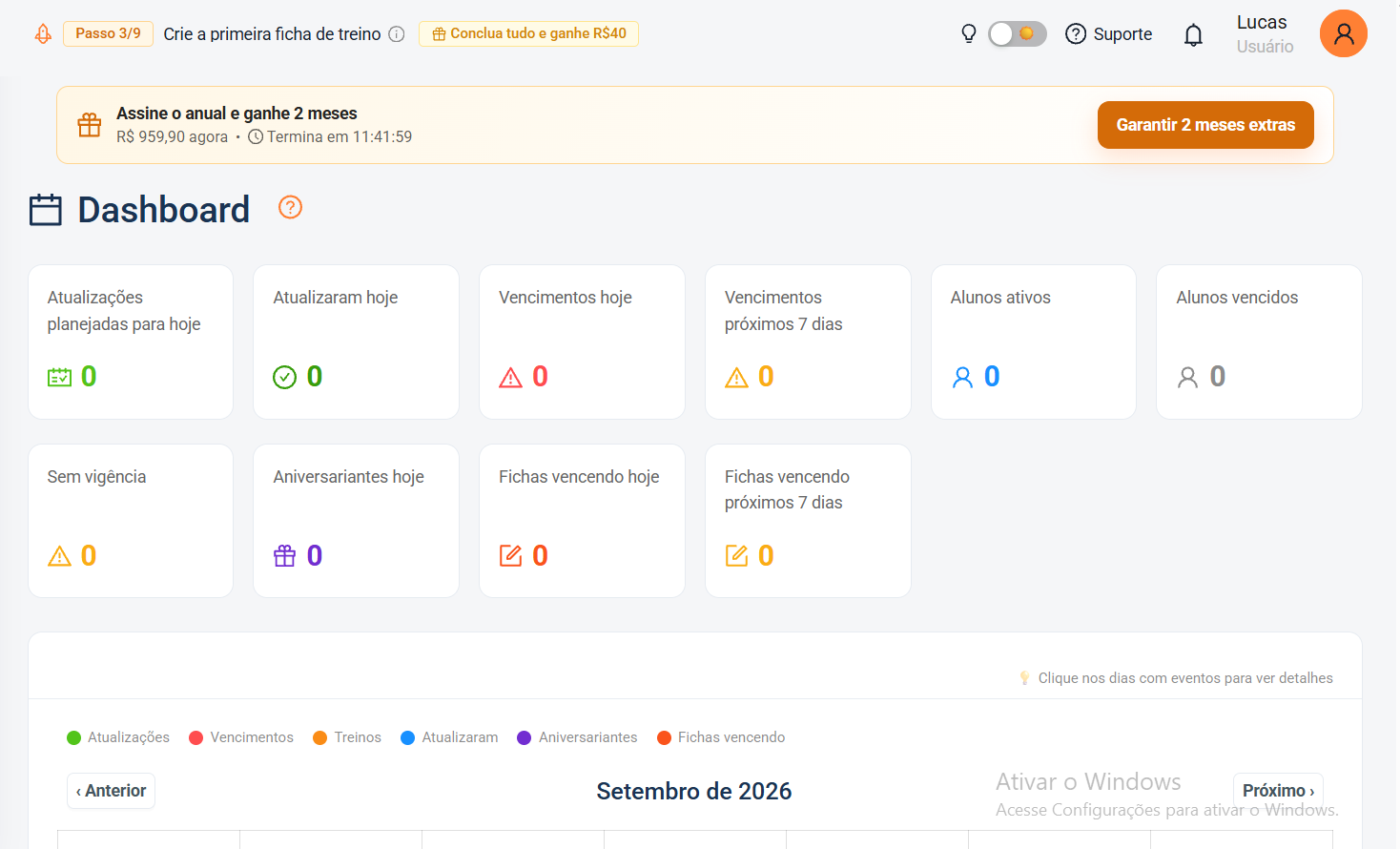 Painel inicial do Treino.io com contadores do dia