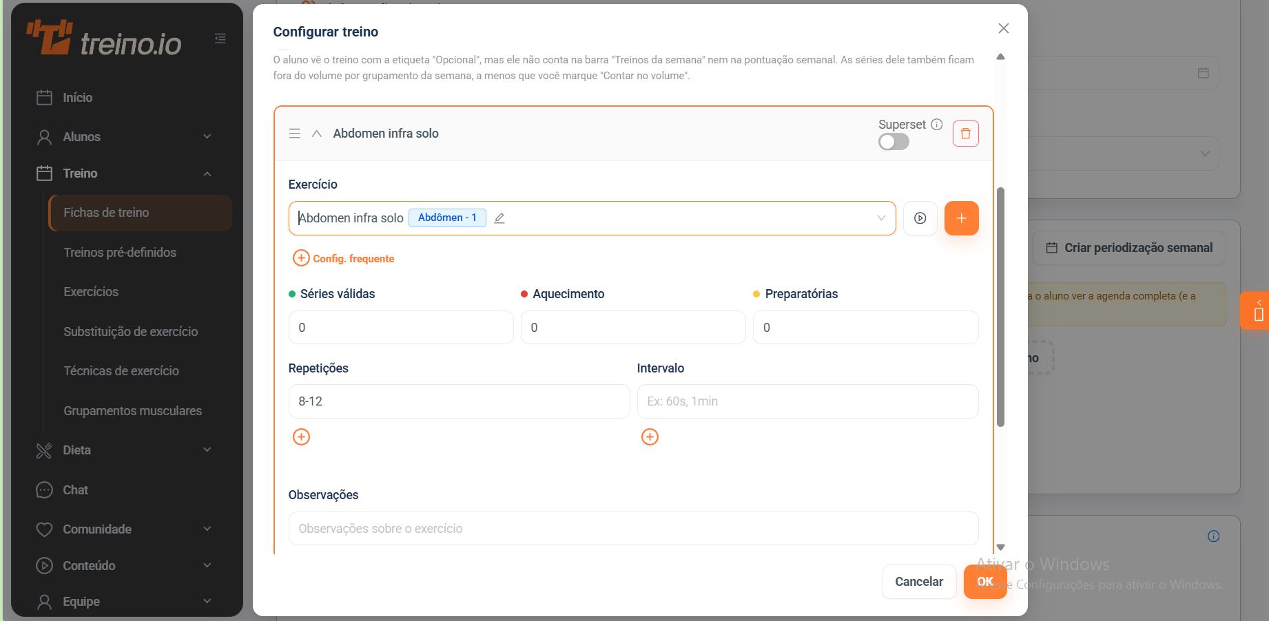 Tela de configuração de exercício do Treino.io
