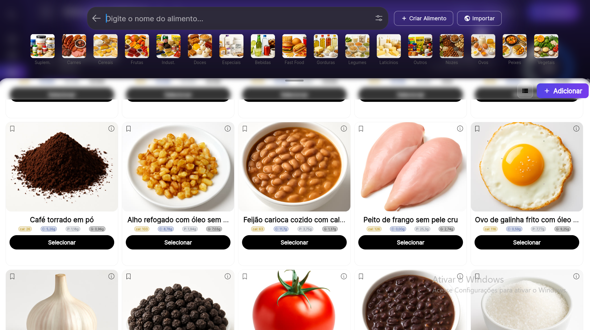 Premium Coach — seleção de alimentos com fotos