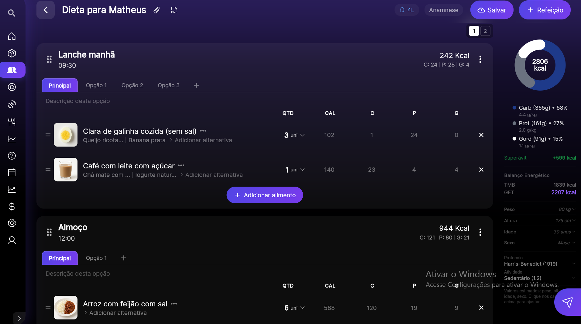 Premium Coach — prescrição de dieta