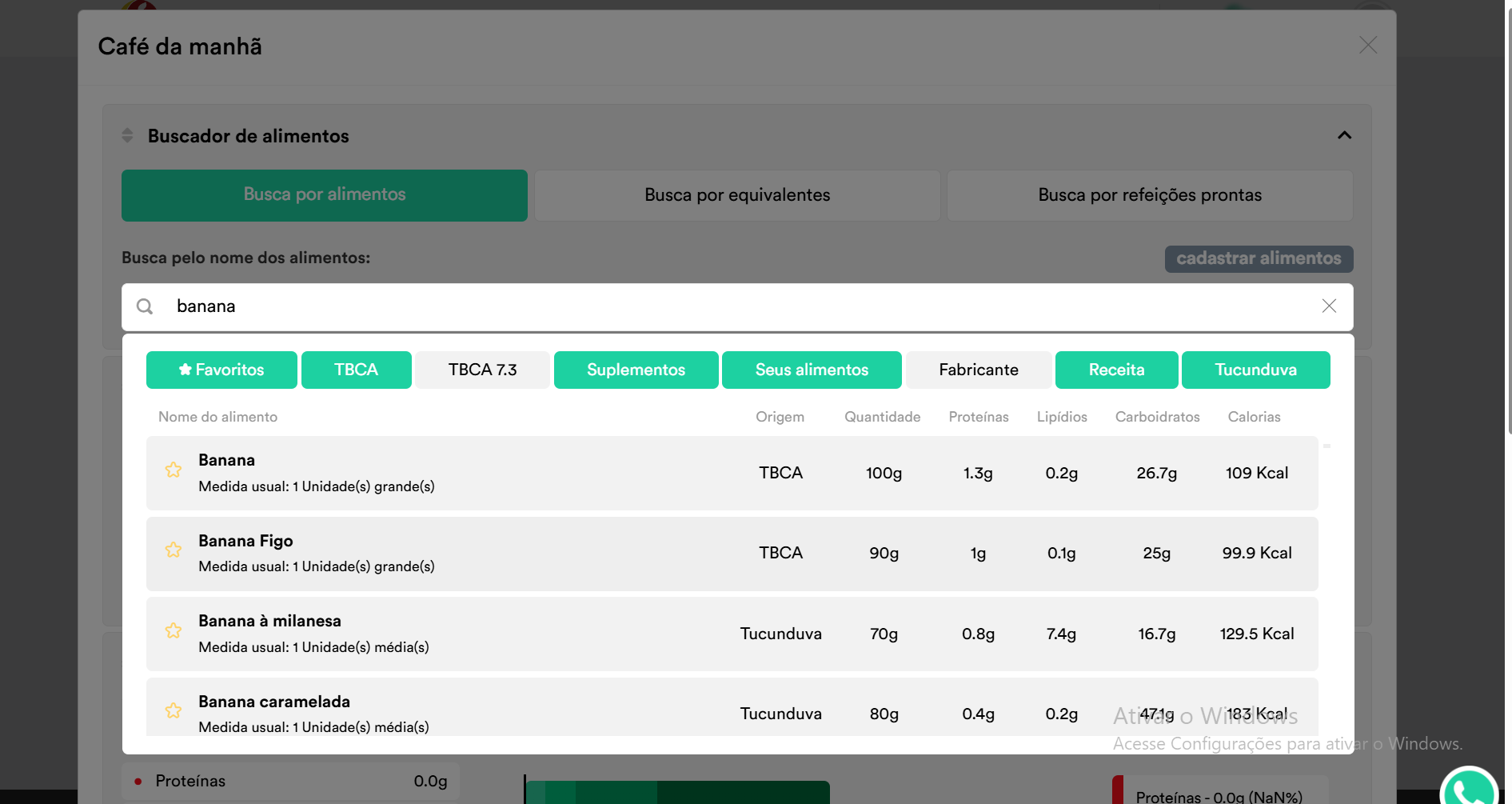 WebDiet — lista de alimentos