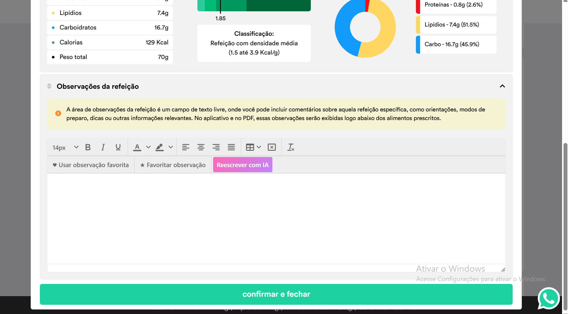 WebDiet — campo de observações com IA