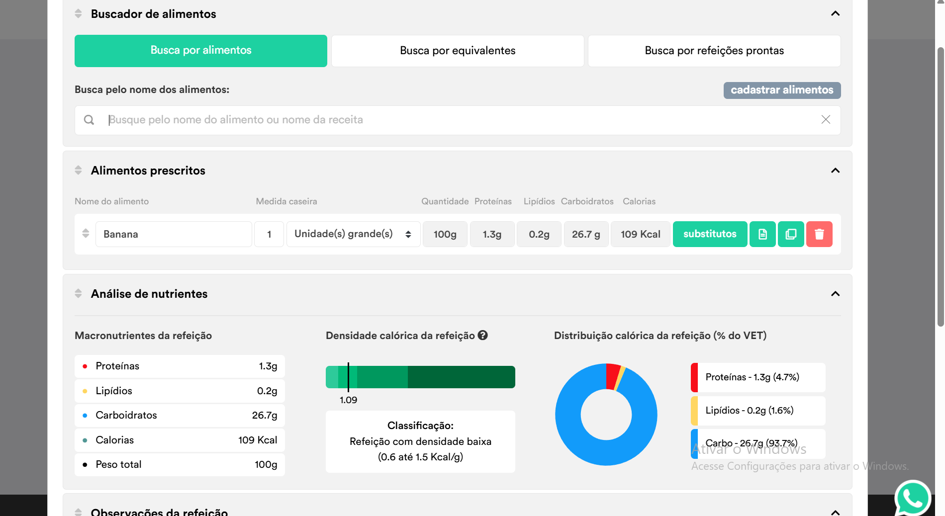 WebDiet — tela separada da refeição